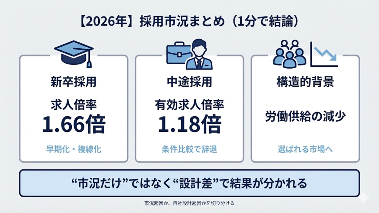 2026年の採用市況（新卒1.66倍・中途1.18倍）と売り手市場の背景をまとめた図