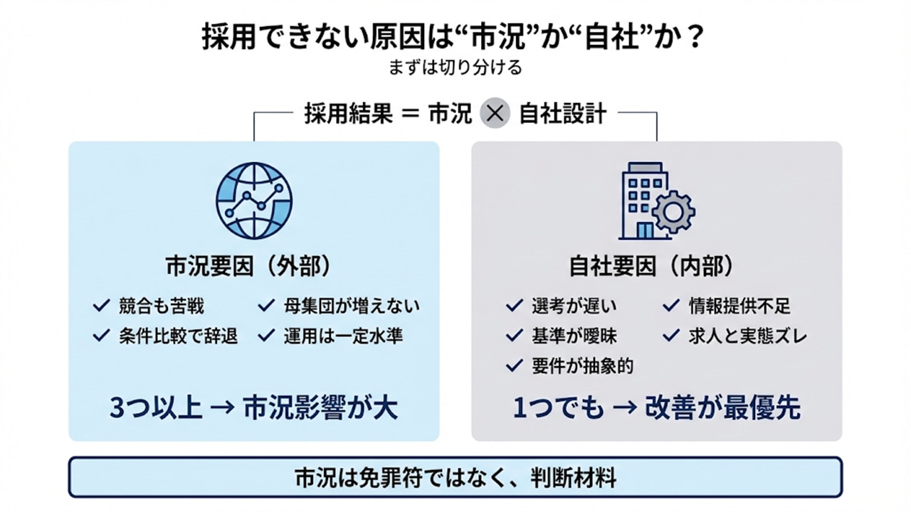採用できない原因を市況要因（外部）と自社要因（内部）に切り分ける比較図
