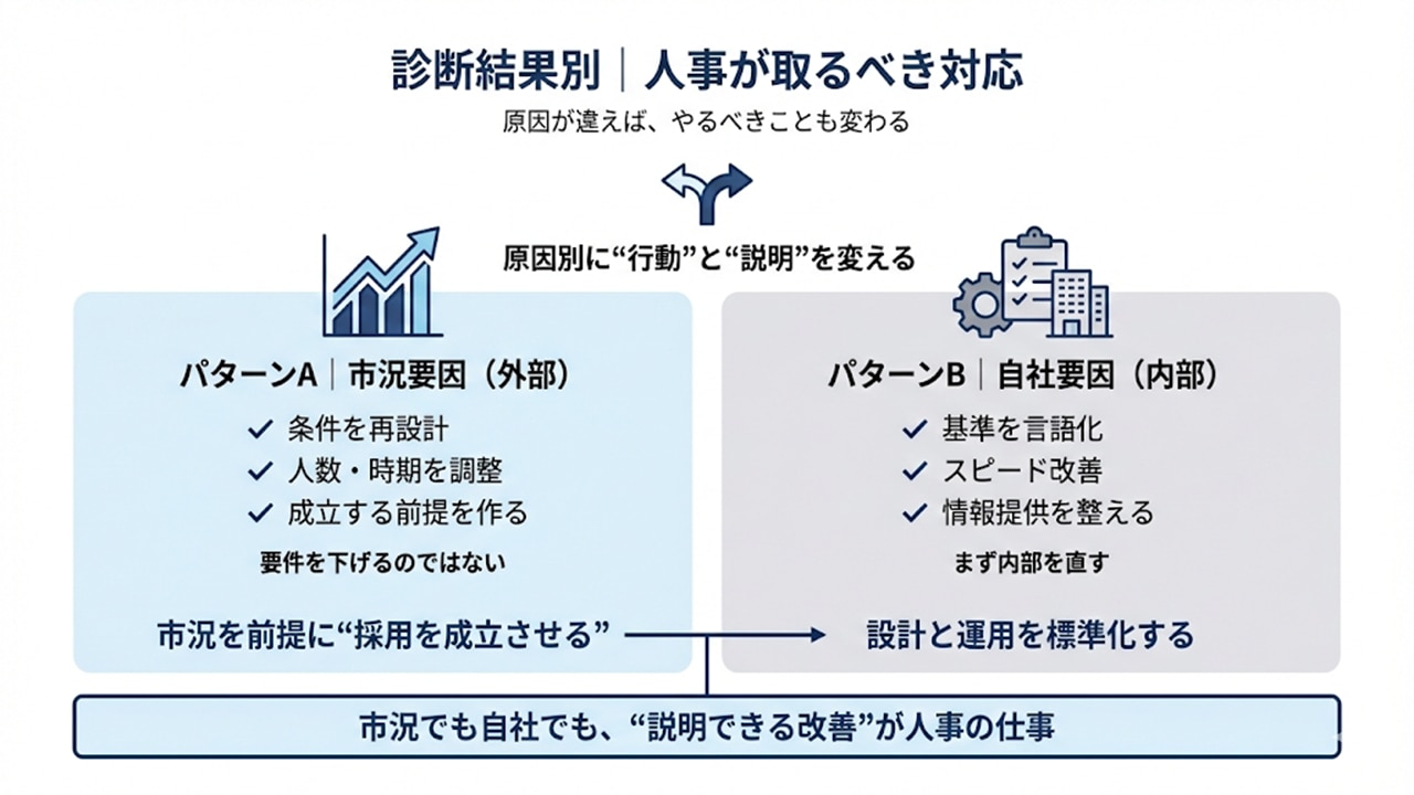 採用不調の原因別に人事が取るべき対応（市況要因と自社要因）を整理した図