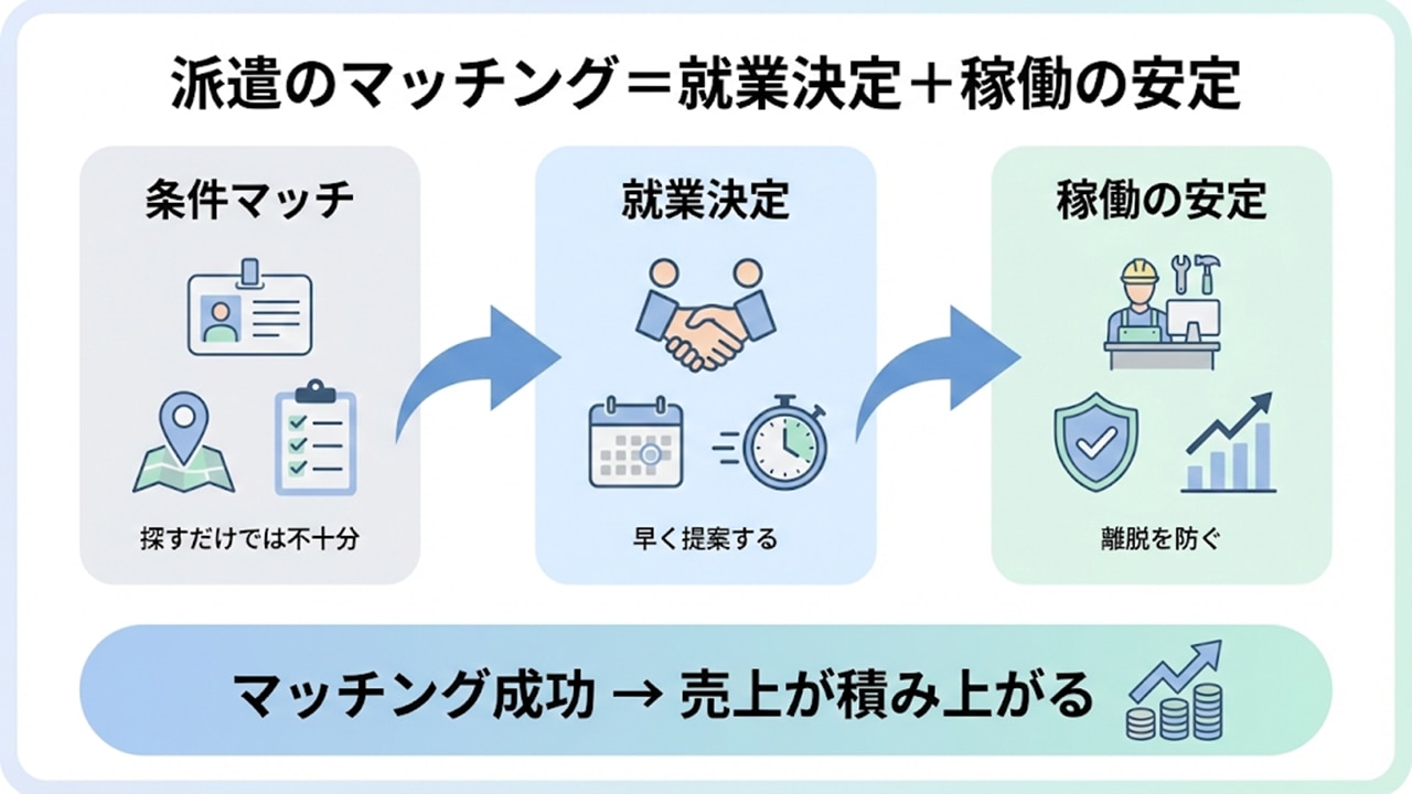 派遣のマッチングは就業決定と稼働安定まで含むことを示す図