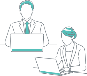 ノートパソコンで作業をするビジネスウェアの男女のイラスト