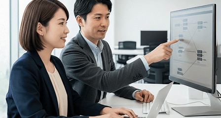 オフィスでデスクトップモニターに映るフローチャートを指差し、ノートパソコンを操作する女性に説明を行うスーツ姿の男性