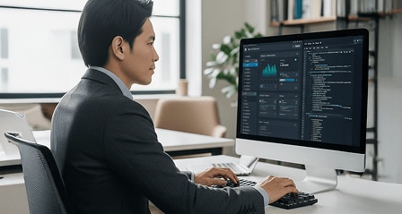 スーツを着た男性がデスクに座り、データグラフとプログラムコードが表示されたモニターを見ながらキーボード入力を行う様子