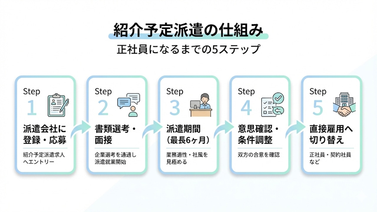 紹介予定派遣の仕組みを、登録から直接雇用までの5ステップで示した図解