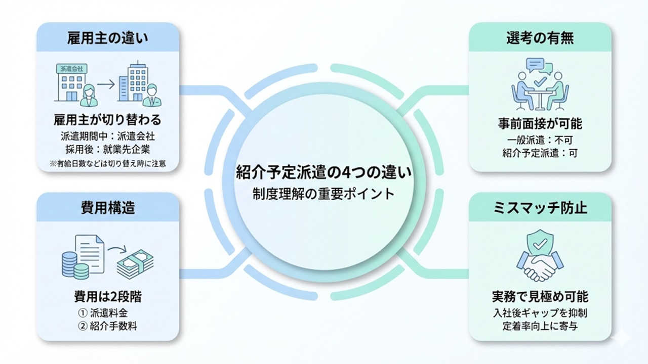 紹介予定派遣の特徴を、雇用主・選考・費用・ミスマッチ防止で整理した図解