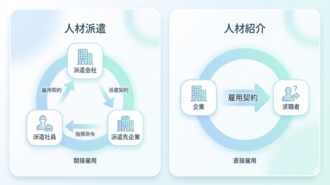 人材派遣と人材紹介の仕組み比較（間接雇用と直接雇用）