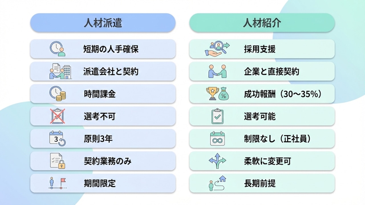 人材派遣と人材紹介の7項目比較表