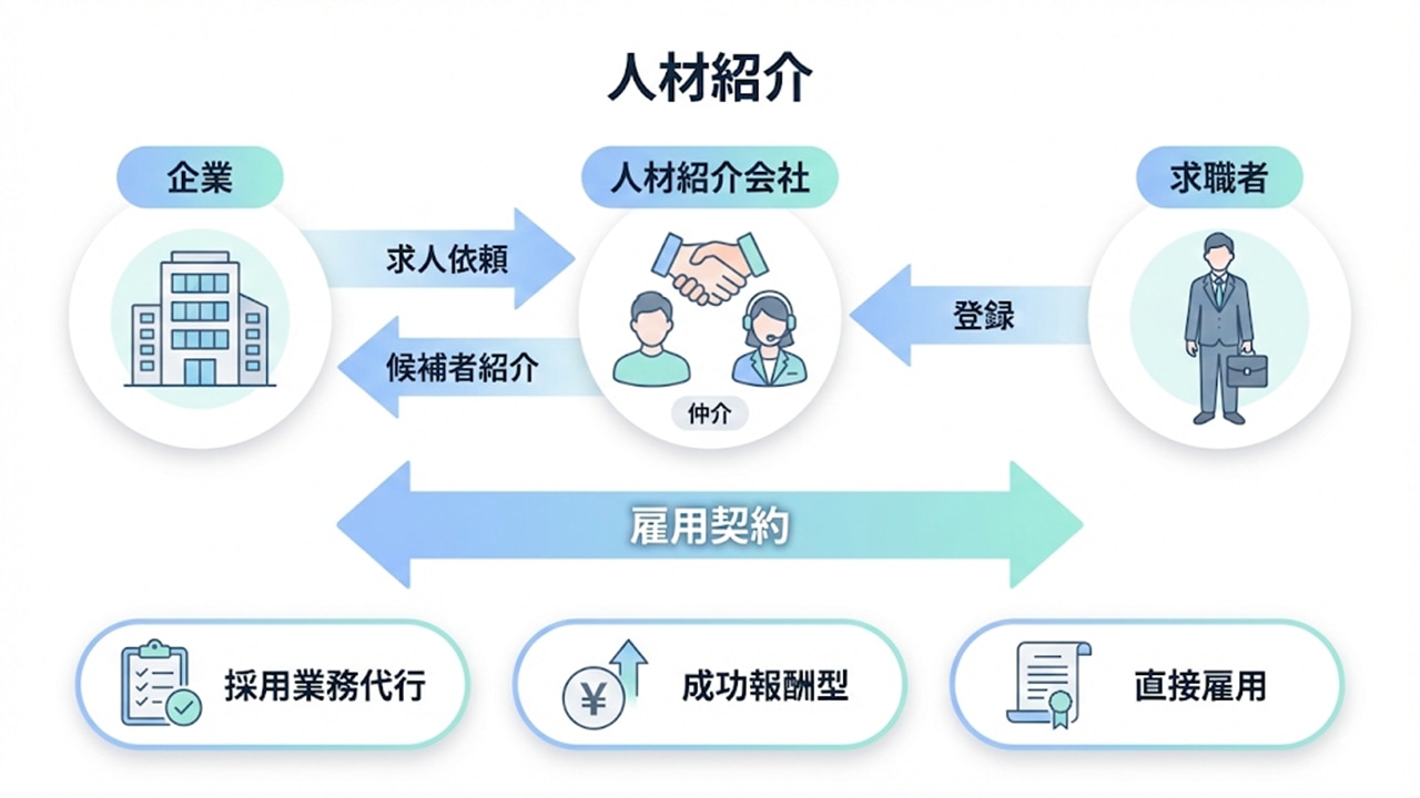人材紹介の流れと直接雇用の仕組み図