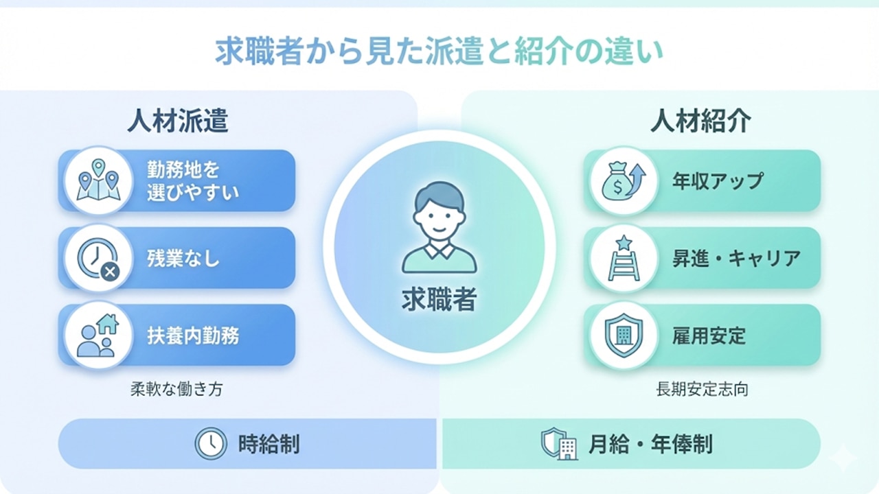 求職者から見た派遣と紹介の違い比較図