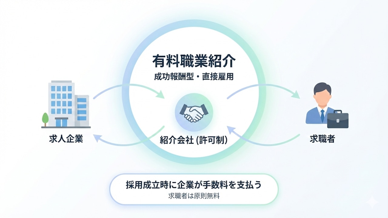 有料職業紹介の基本構造図。求人企業・紹介会社（許可制）・求職者の関係と成功報酬型の仕組みを示す図。