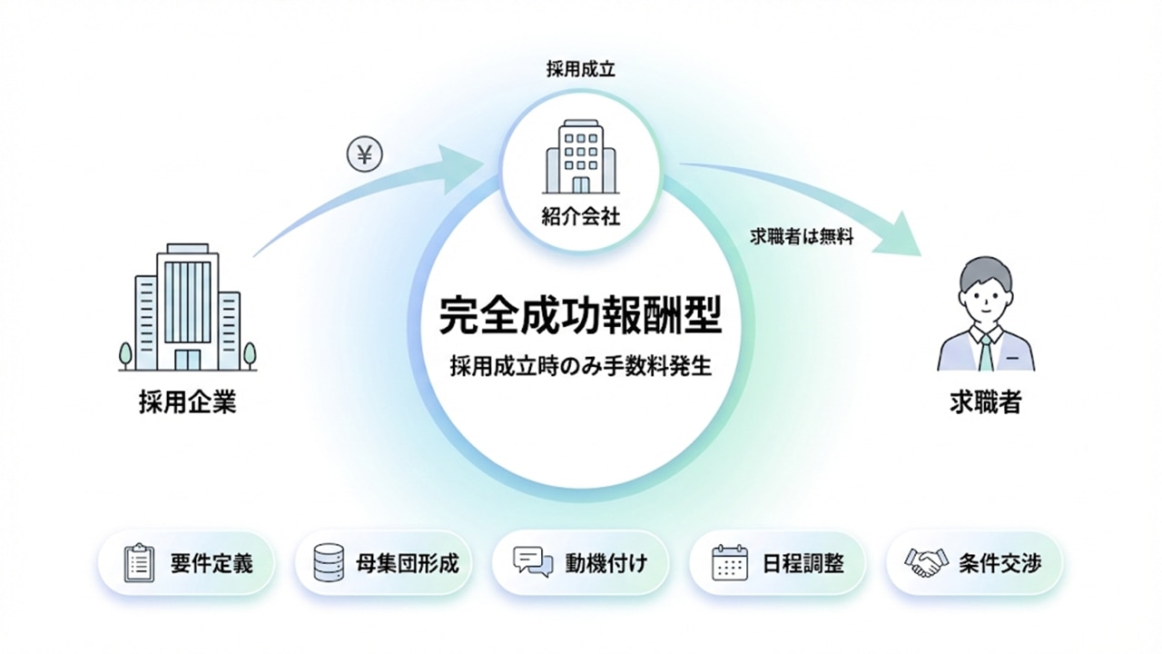 完全成功報酬型の費用フロー図。採用成立時のみ企業が手数料を支払い、求職者は無料であることを示す図。