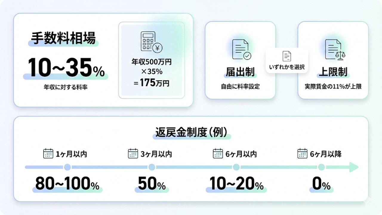 有料職業紹介の手数料相場と制度の図。10〜35％の料率例、届出制と上限制、返戻金制度のタイムラインを示す。