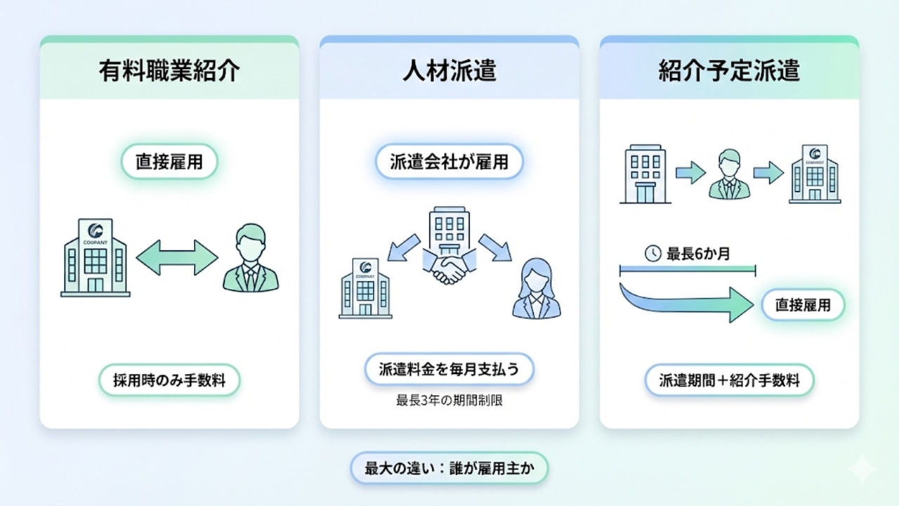 有料職業紹介・人材派遣・紹介予定派遣の違いを比較した構造図。雇用主と費用発生の違いを示す。