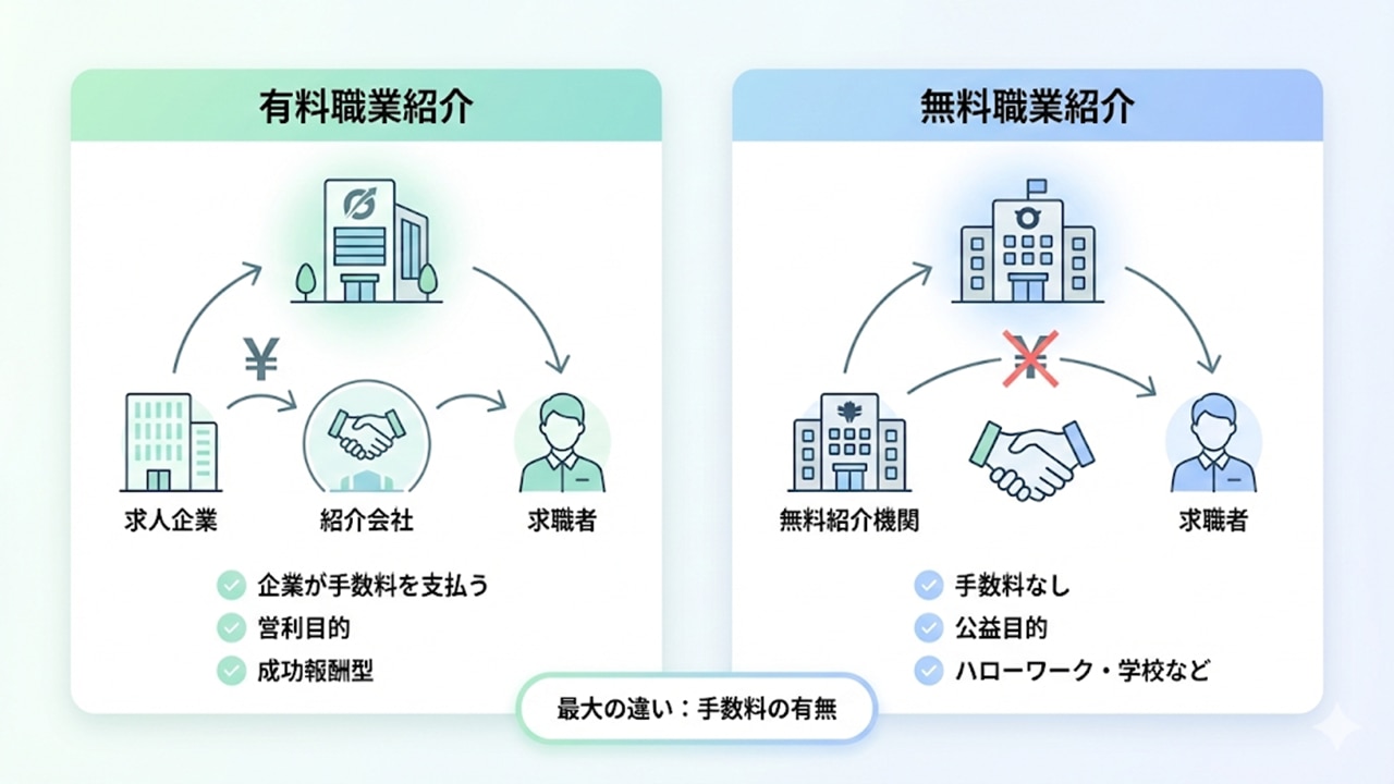 有料職業紹介と無料職業紹介の違いを比較した図。手数料の有無と実施主体の違いを示す。