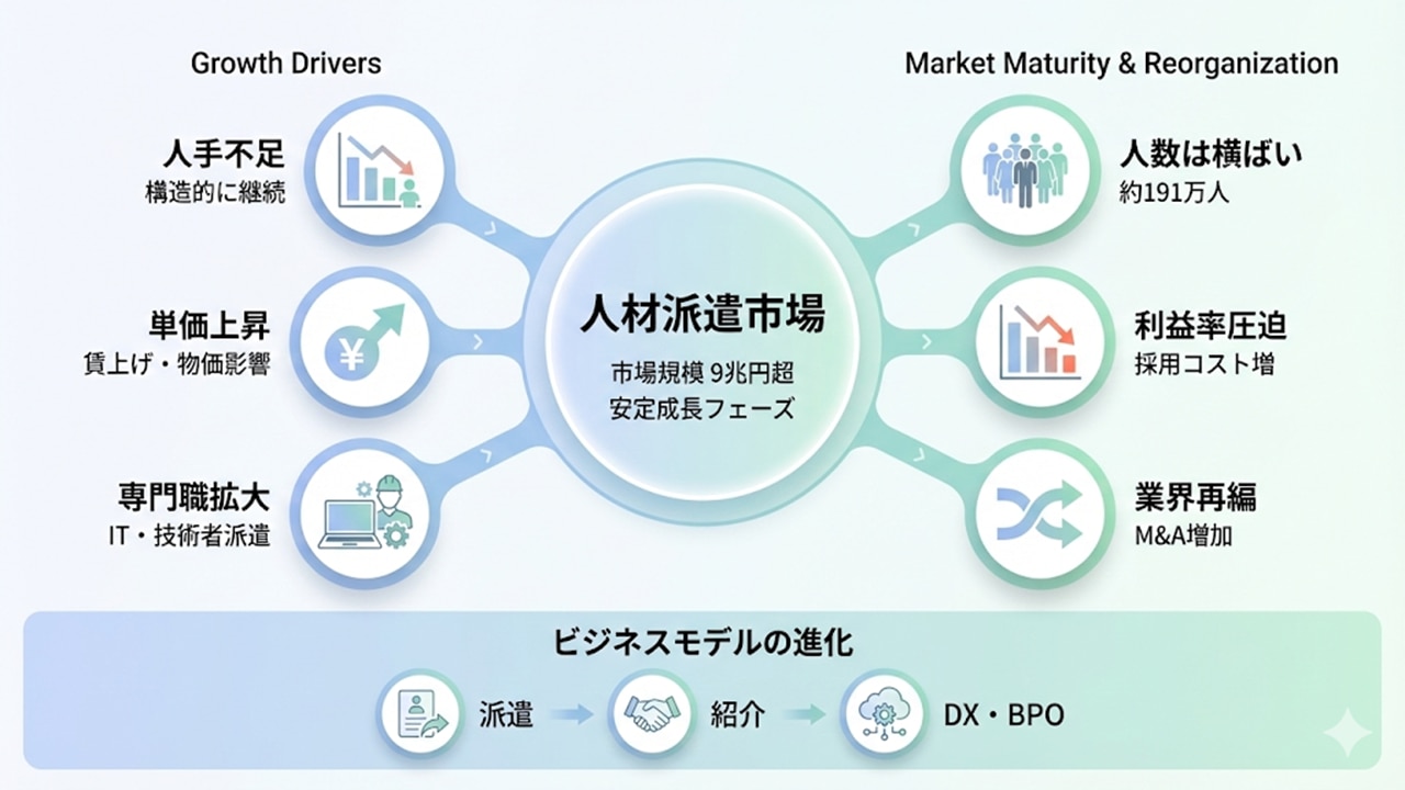 人材派遣市場9兆円超、成長要因と成熟・再編構造の全体図