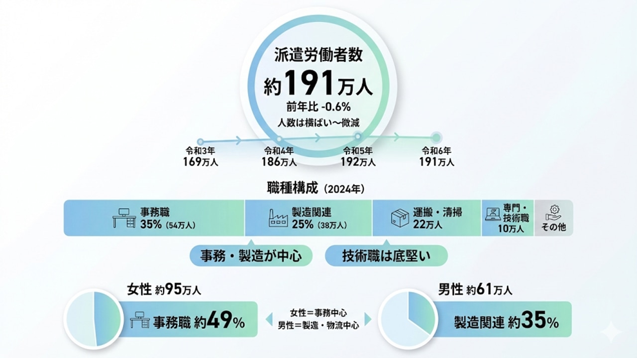 派遣労働者約191万人、職種構成と男女差の概要