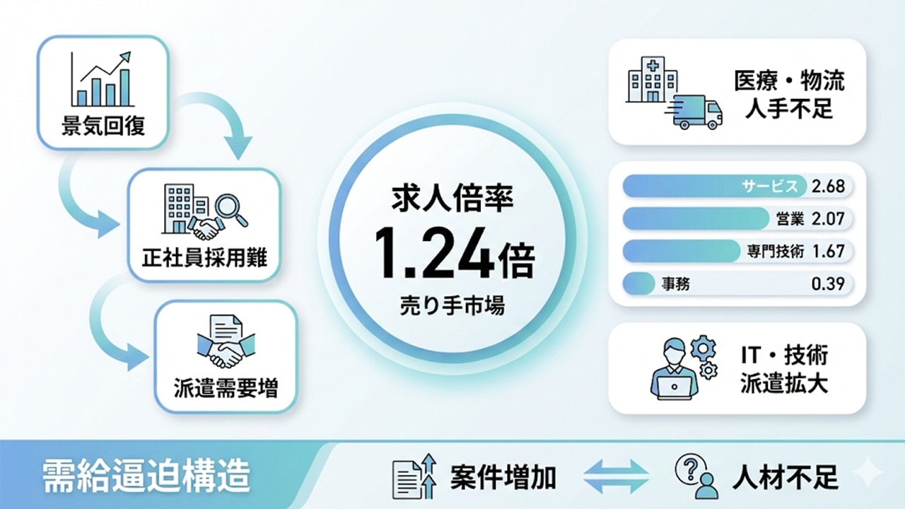 求人倍率1.24倍と派遣需要増加を示す図解（需給逼迫構造）