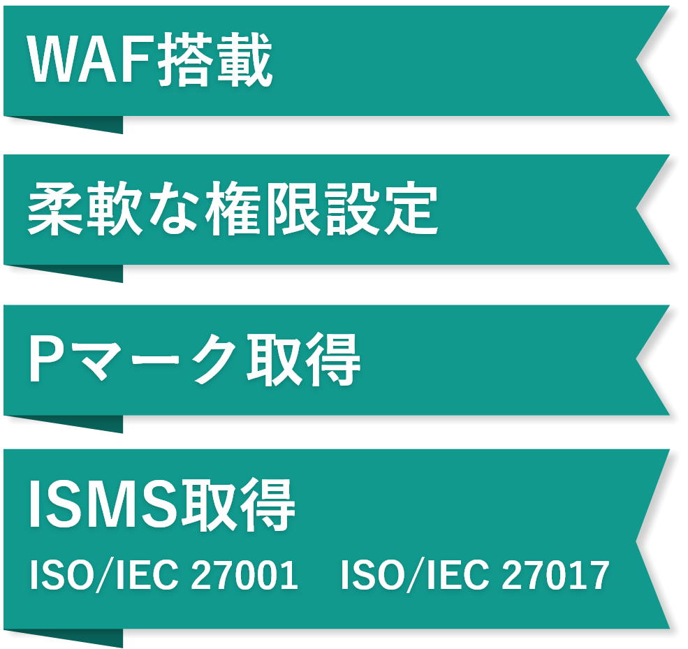 WAF搭載、柔軟な権限設定、Pマーク取得、ISMS取得