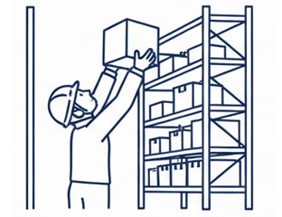 倉庫で棚の上の方から段ボールを取っている作業員のイラスト