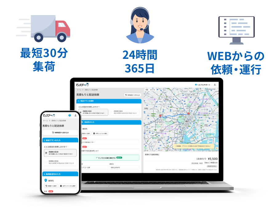 サービスイメージ：最短30分集荷、24時間365日サポート、webからの依頼・運行可能