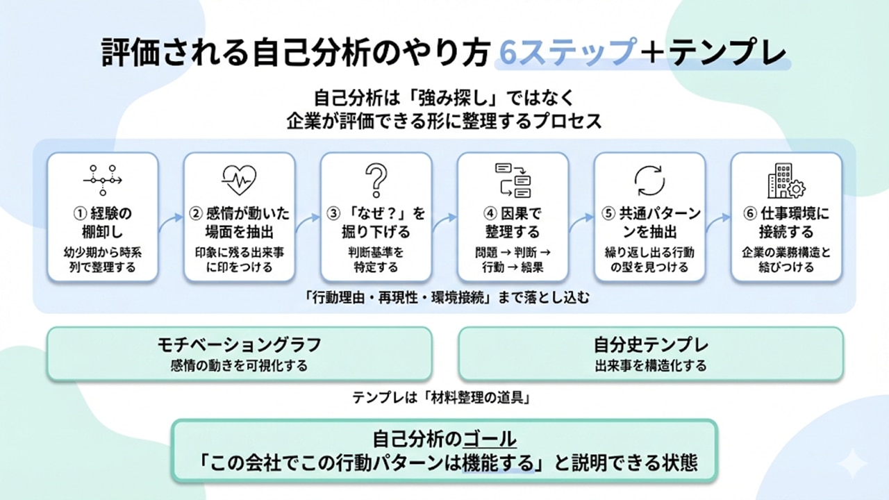経験棚卸しから仕事接続までの6工程とテンプレ位置づけを表した図