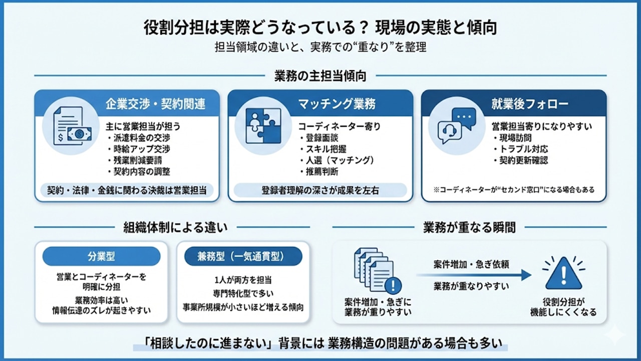 業務分担の実態と主担当傾向、分業型・兼務型の違いを整理した図