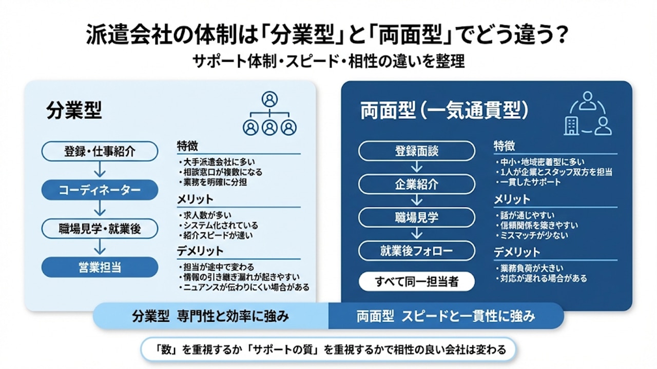 分業型と両面型（一気通貫型）の体制・メリットデメリット比較図