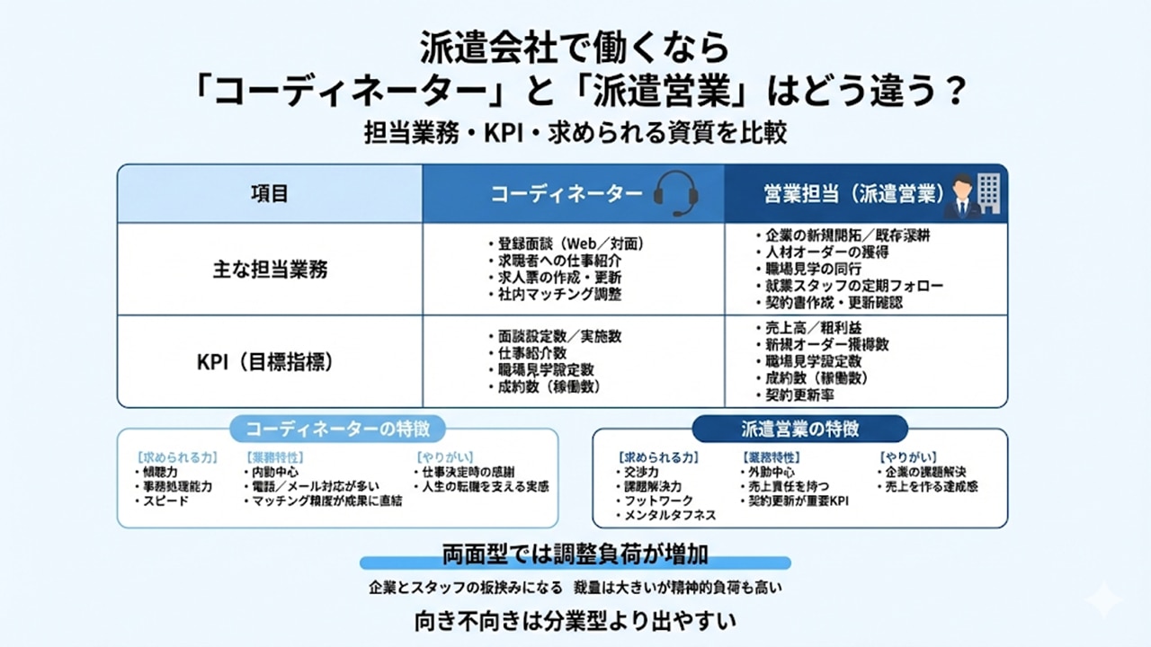 派遣会社で働く場合のコーディネーターと派遣営業の業務・KPI比較図