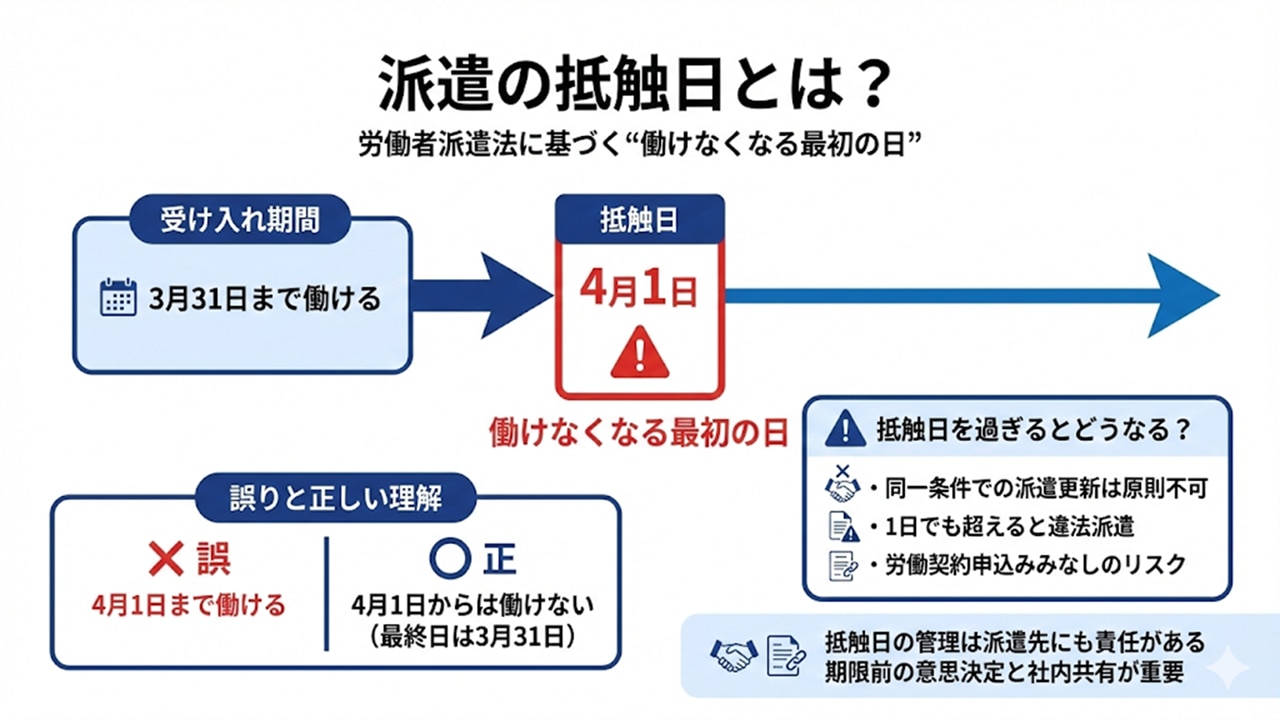 派遣の抵触日は「働けなくなる最初の日（満了日の翌日）」であることを示す図解。