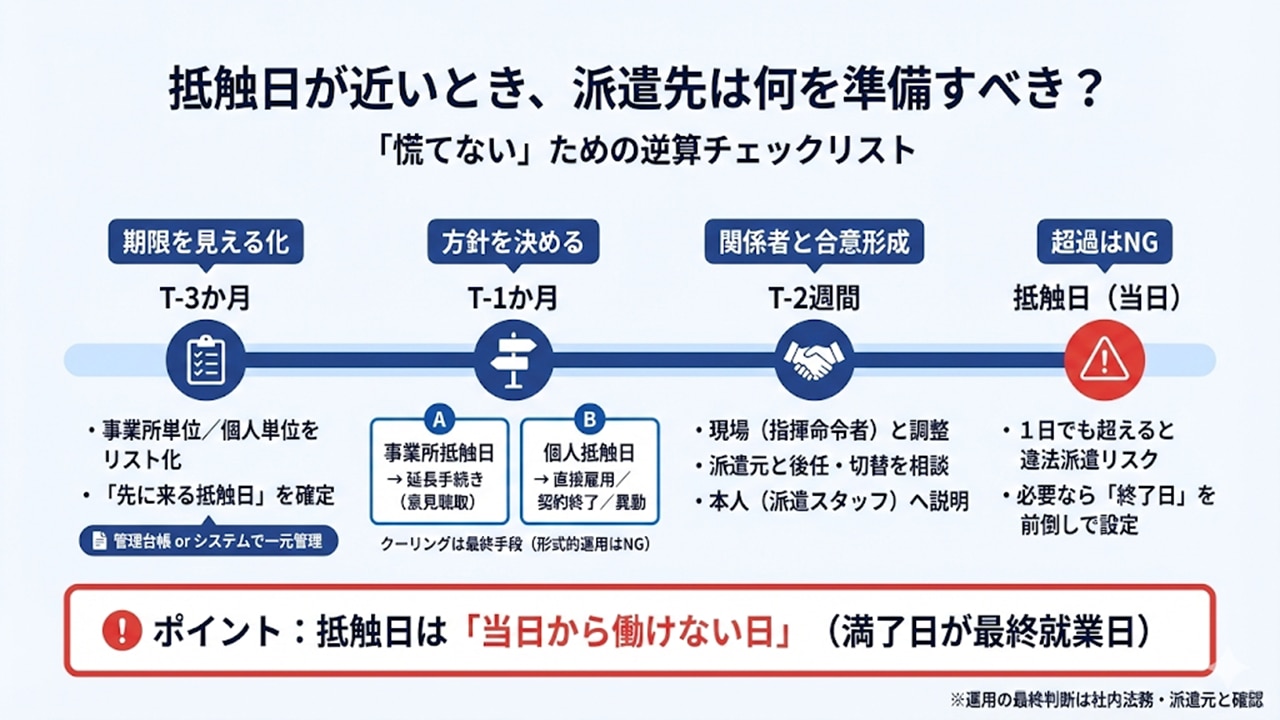 抵触日が近い場合の準備チェックリスト（期限管理・意思決定・調整）を示す図。
