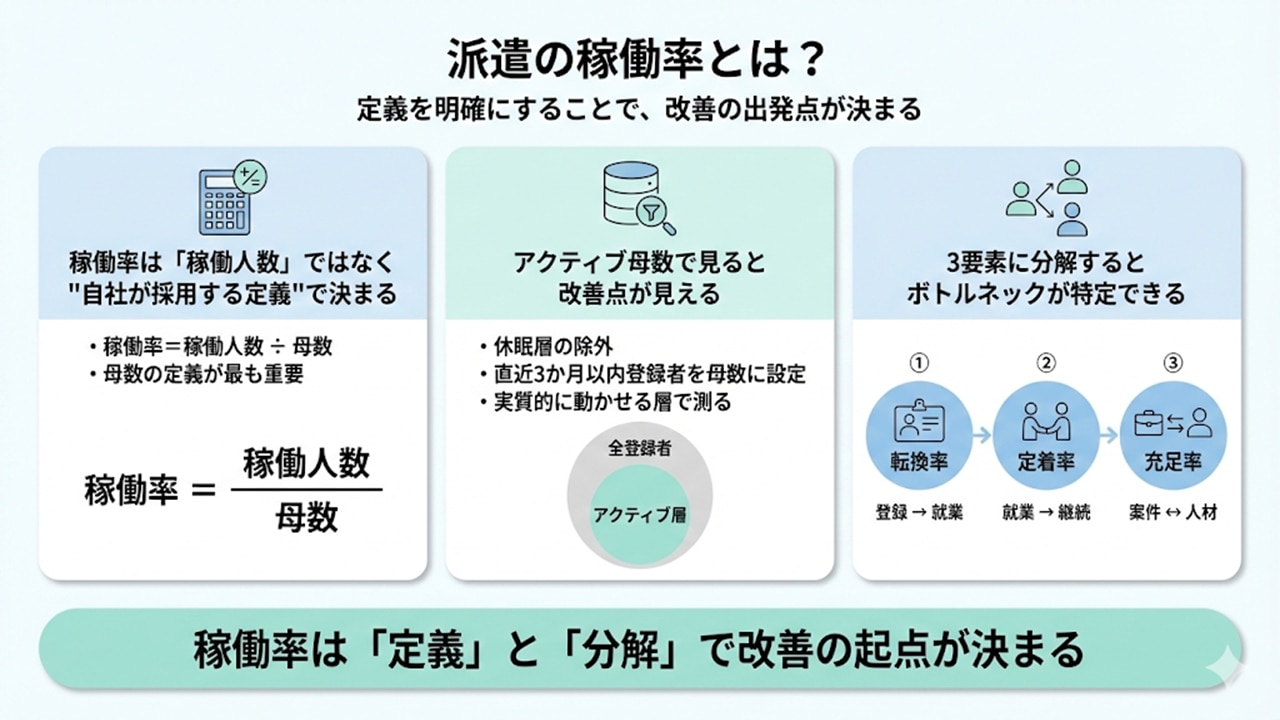 派遣の稼働率の定義と、アクティブ母数・3要素分解（転換率・定着率・充足率）を示した図解