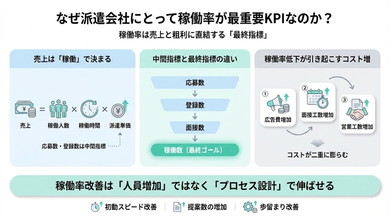 稼働率が最重要KPIである理由と、売上構造・中間指標との違い・コスト増の関係を示す図解