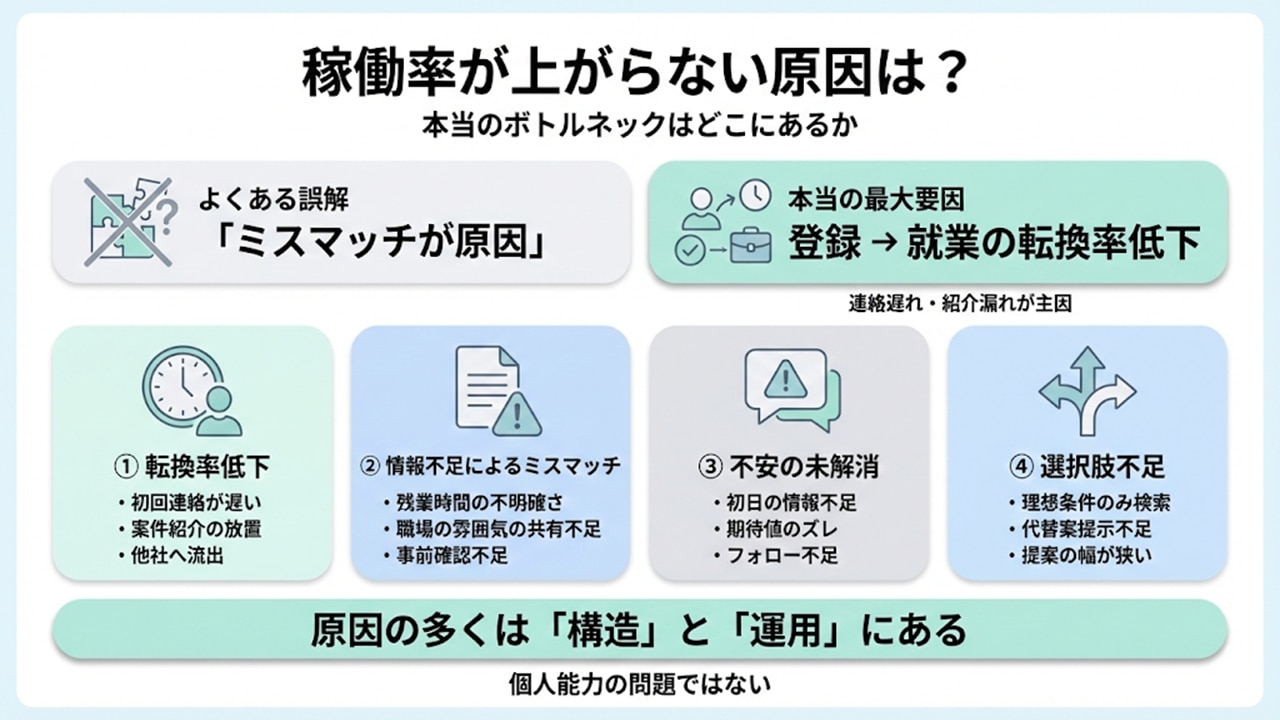 稼働率が上がらない原因として、転換率低下・情報不足・不安未解消・選択肢不足の4要因を整理した図解