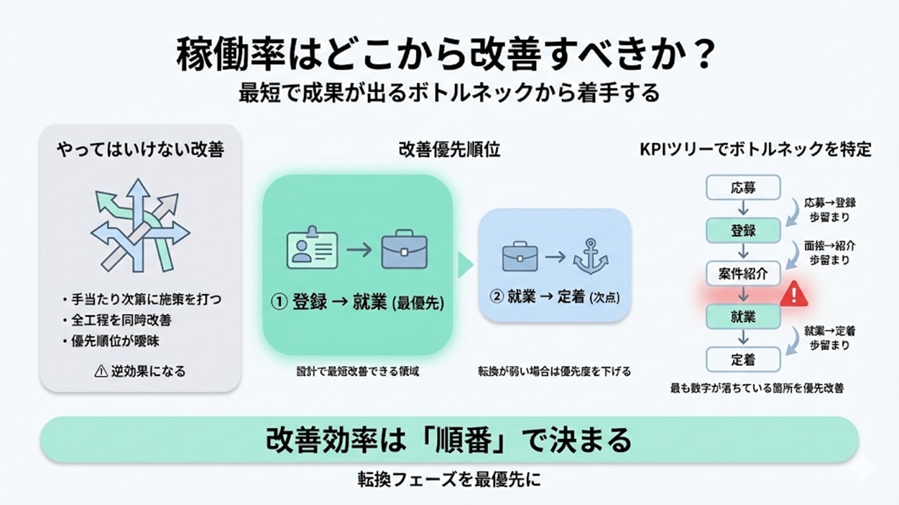 属人化構造が稼働率低下を招く原因と、構造・運用改善の必要性を示した図解