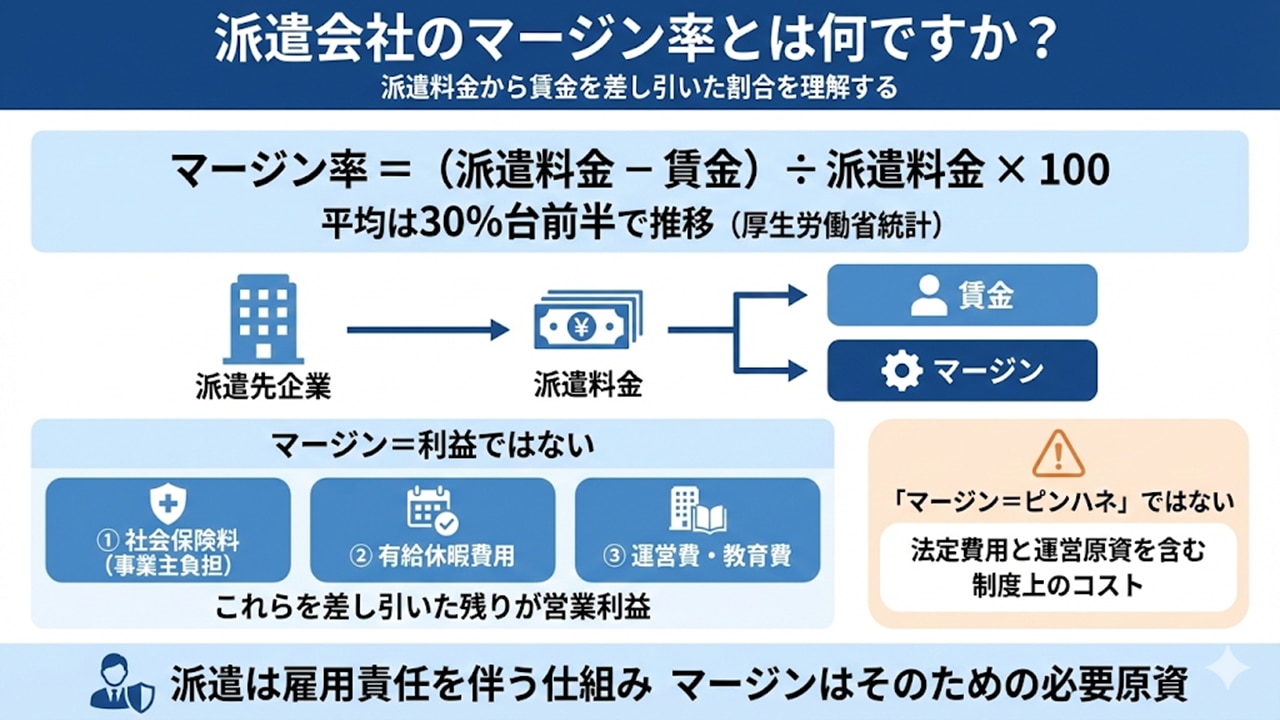 派遣会社のマージン率の定義と内訳（社会保険料・有給・運営費・利益）を図解。
