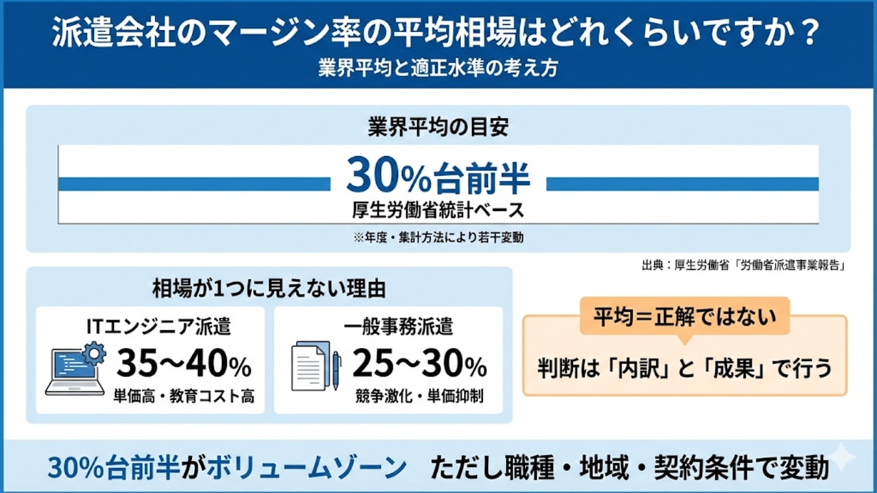 業界平均は30％台前半、職種別相場の違いを示す図解。