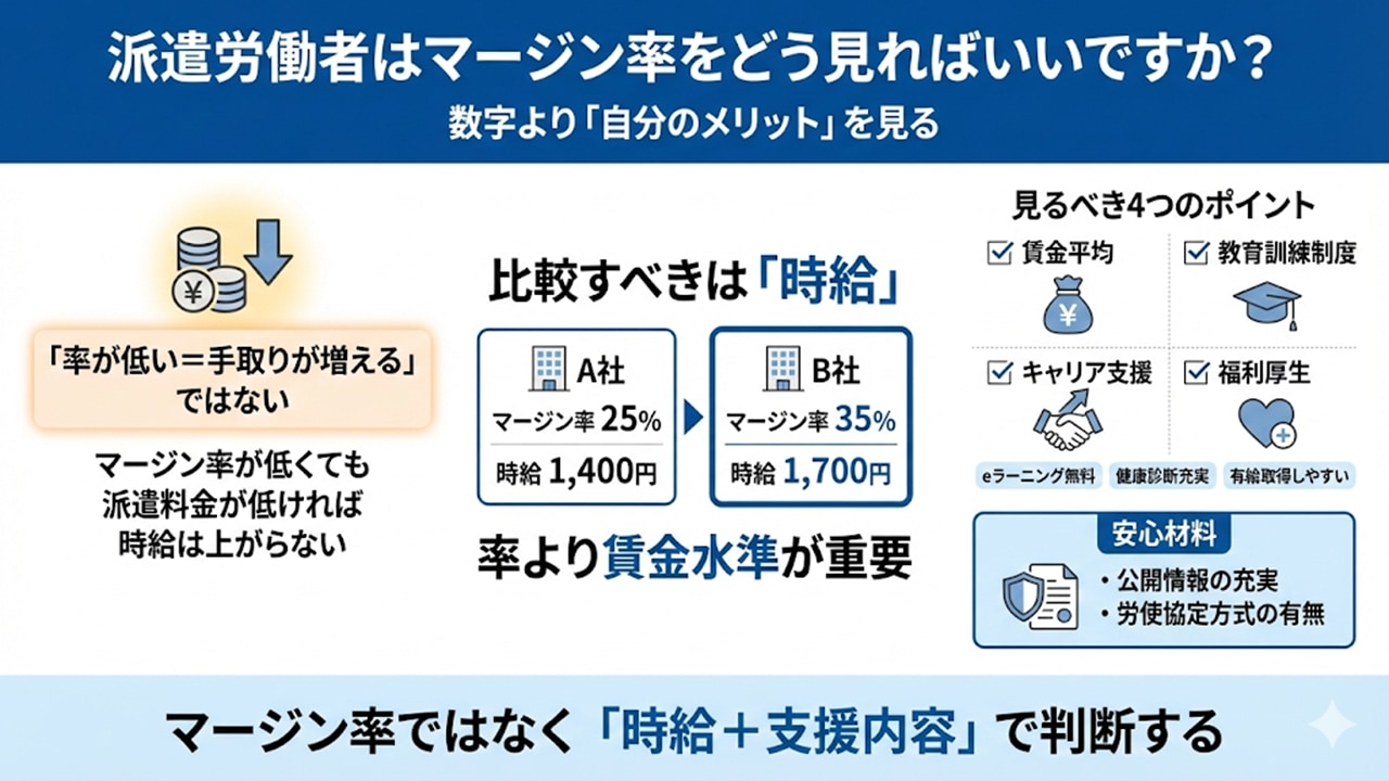派遣労働者向けに、率より時給と支援内容を見るべきと示す図。