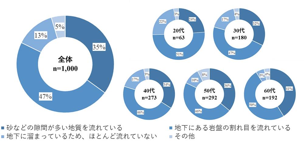 地下水の流れ方に関するアンケート結果。全体の47%が「地下にある岩盤の割れ目を流れている」、35%が「砂などの隙間が多い地質を流れている」と答えた