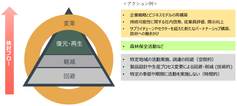 水リスク対策を具体的に検討する順番を表すピラミッド図。下から、回避、軽減、復元・再生、変革