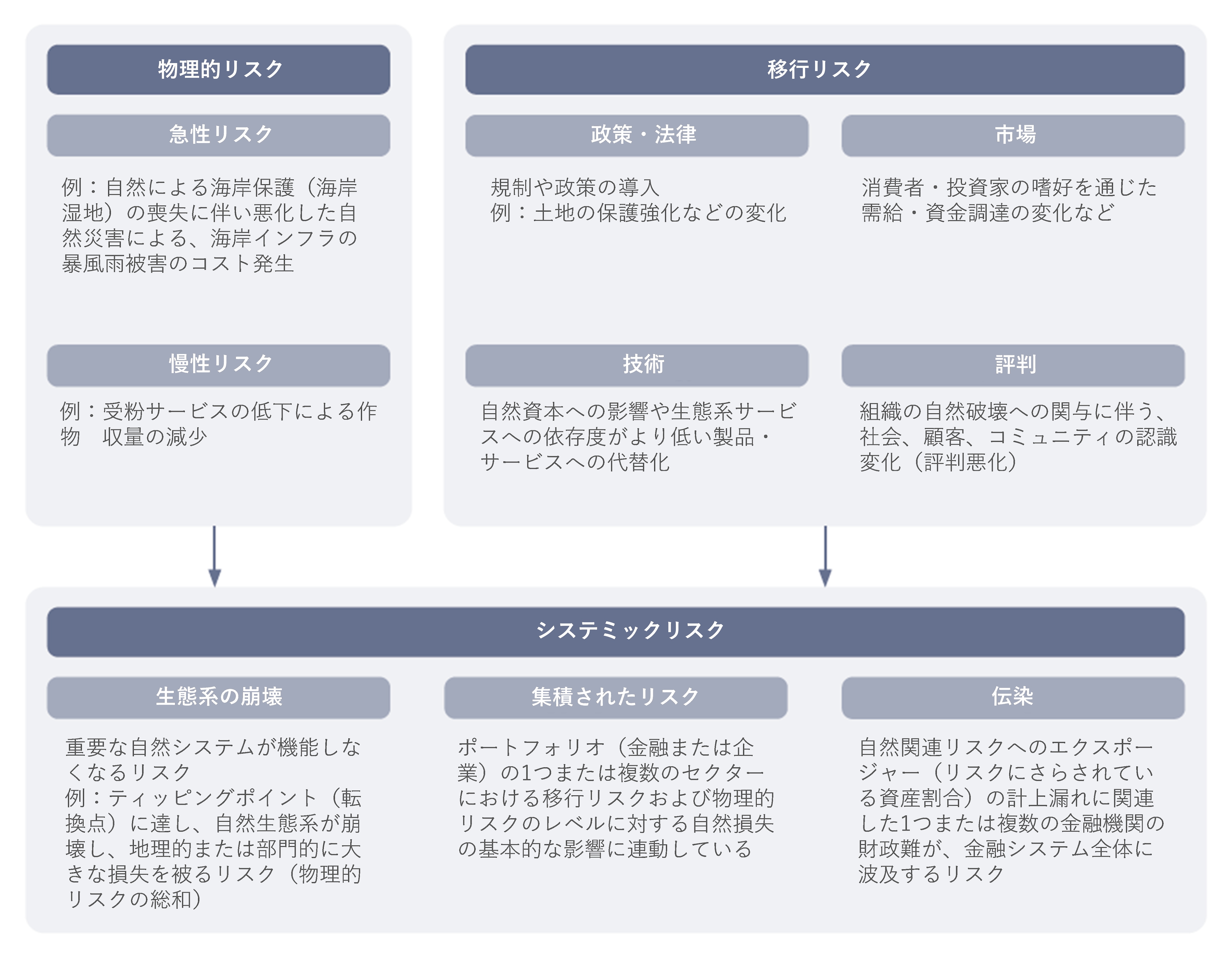 物理的リスク、移行リスク、システミックリスクの例