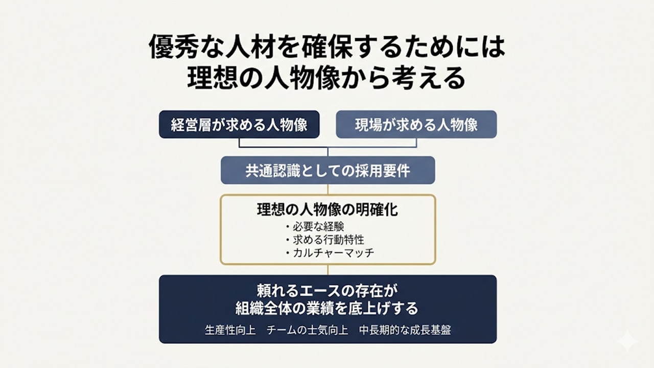 経営層と現場の人物像を統合し、理想像を明確化してエース人材の確保につなげる図。