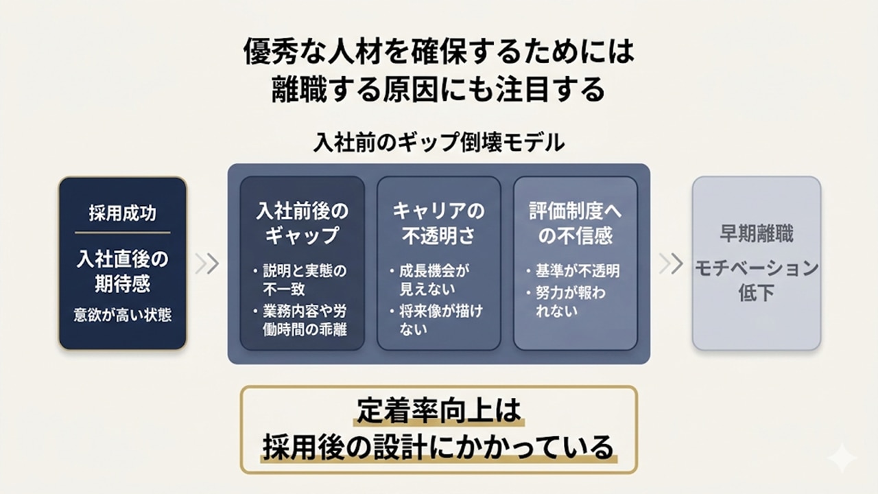 入社前後ギャップ・キャリア不透明・評価不信が早期離職を生む因果モデル図。