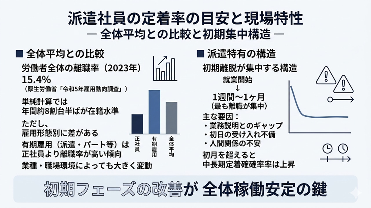 全体平均との比較と、初期離脱が集中する構造の解説図