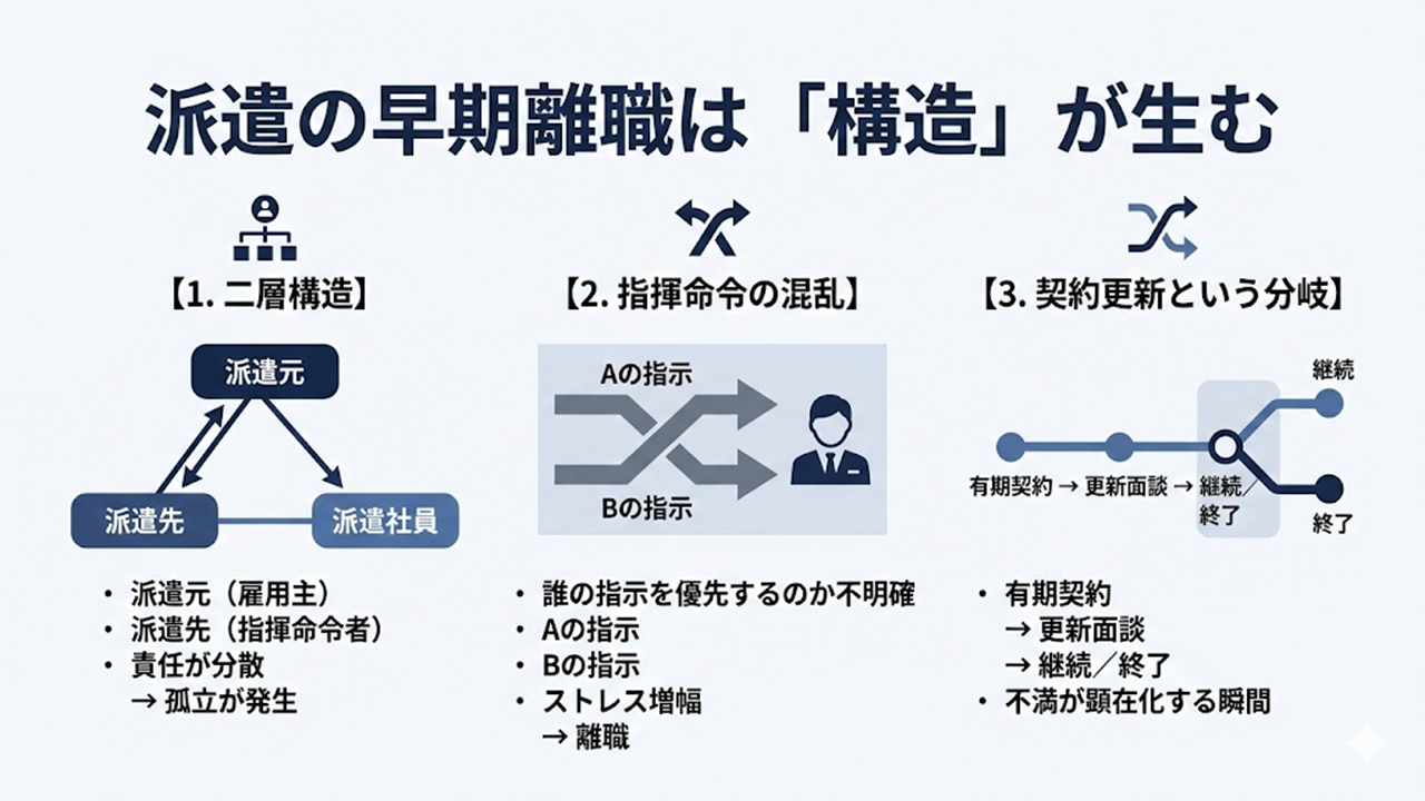 派遣の早期離職を生む三要因（⼆層構造・指揮混乱・契約更新）