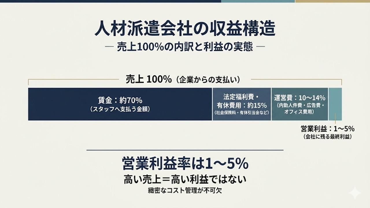 派遣会社の収益構造（売上100％の内訳と営業利益1〜5％）