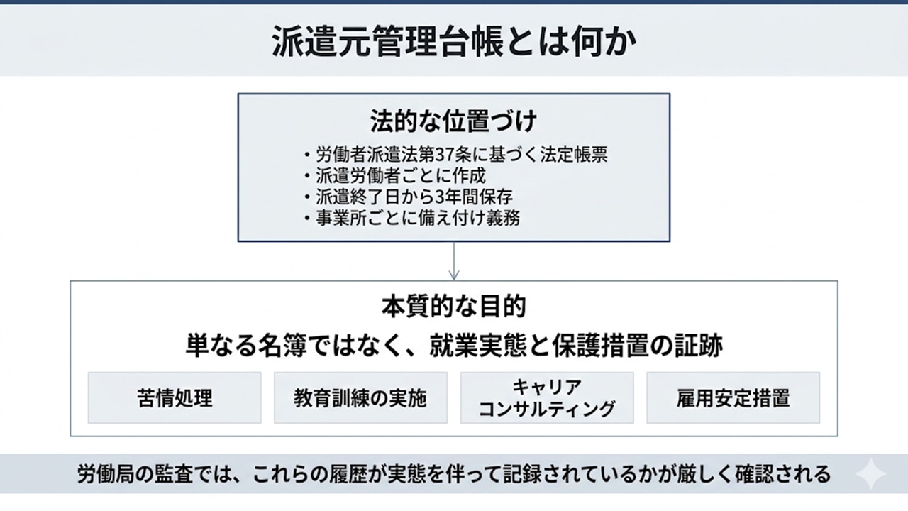 派遣元管理台帳の法的位置づけと本質的目的を示した構造図
