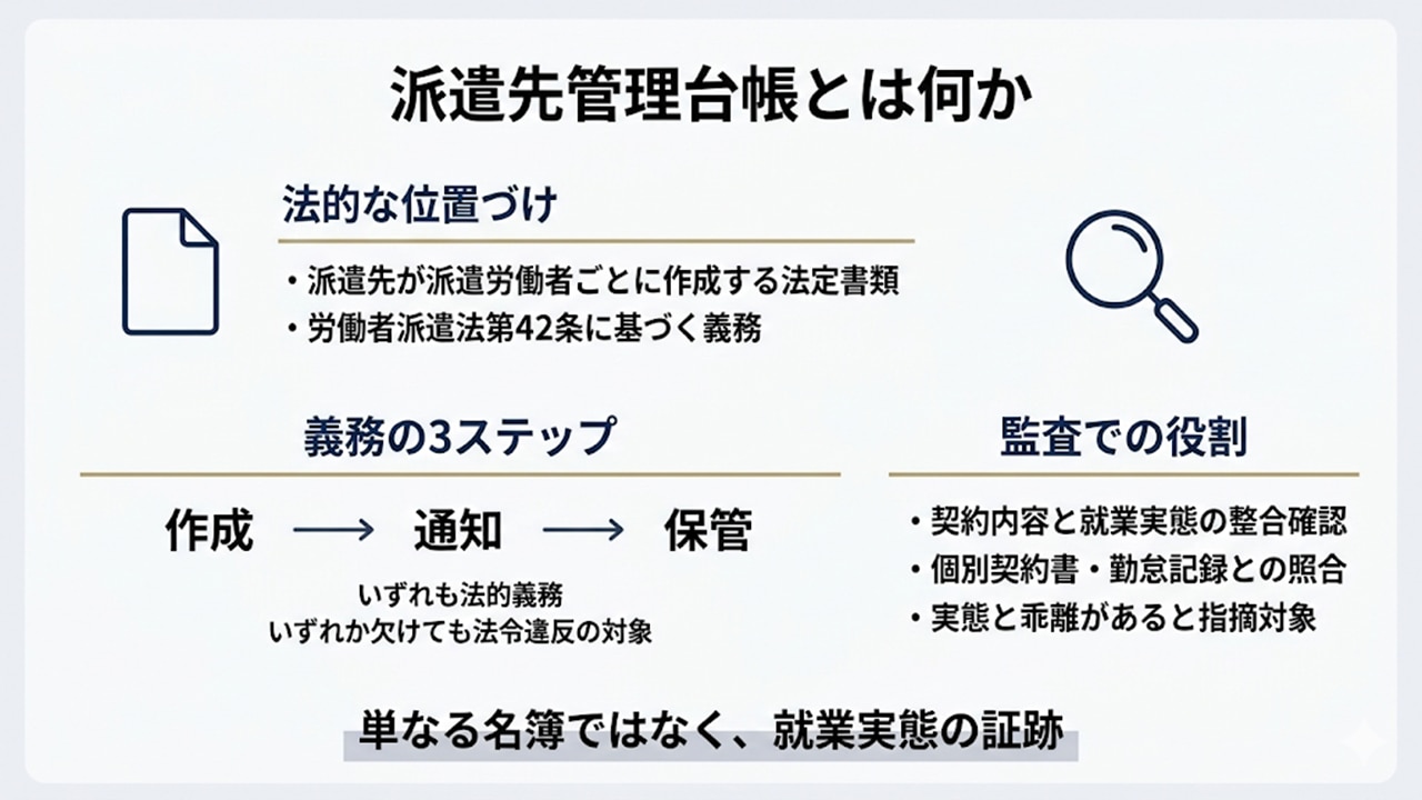 派遣先管理台帳の概要と法的義務の3ステップ図