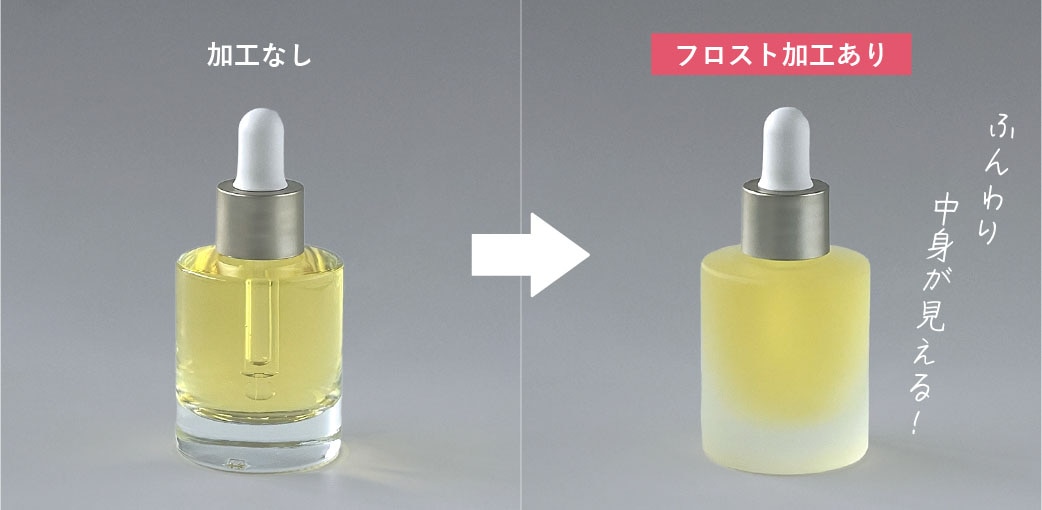 透明びんにフロスト加工をしたイメージ（中身あり）