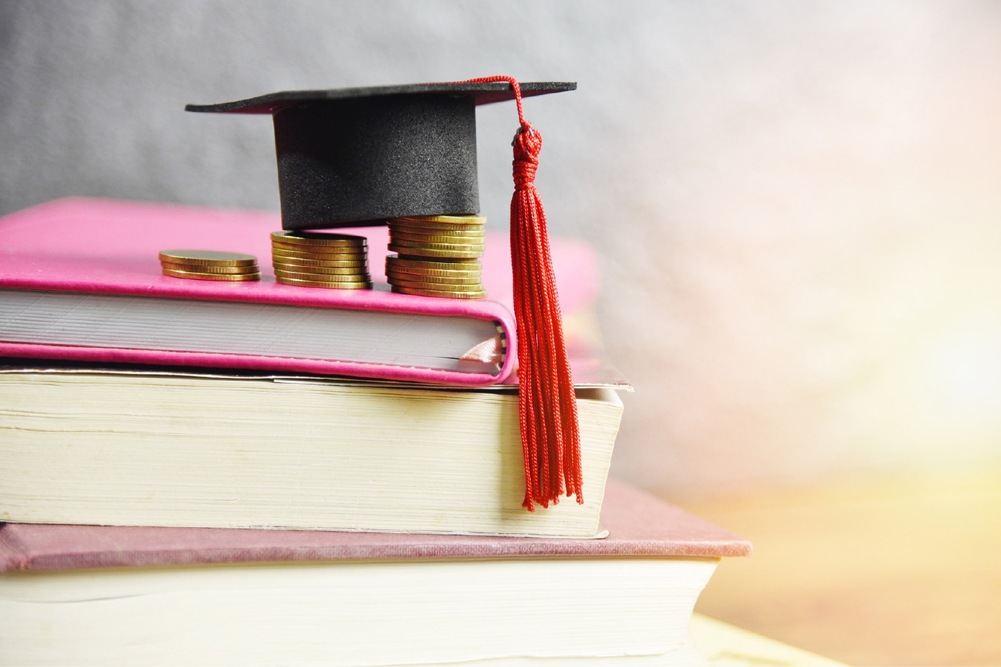 積まれた本とお金と学生帽