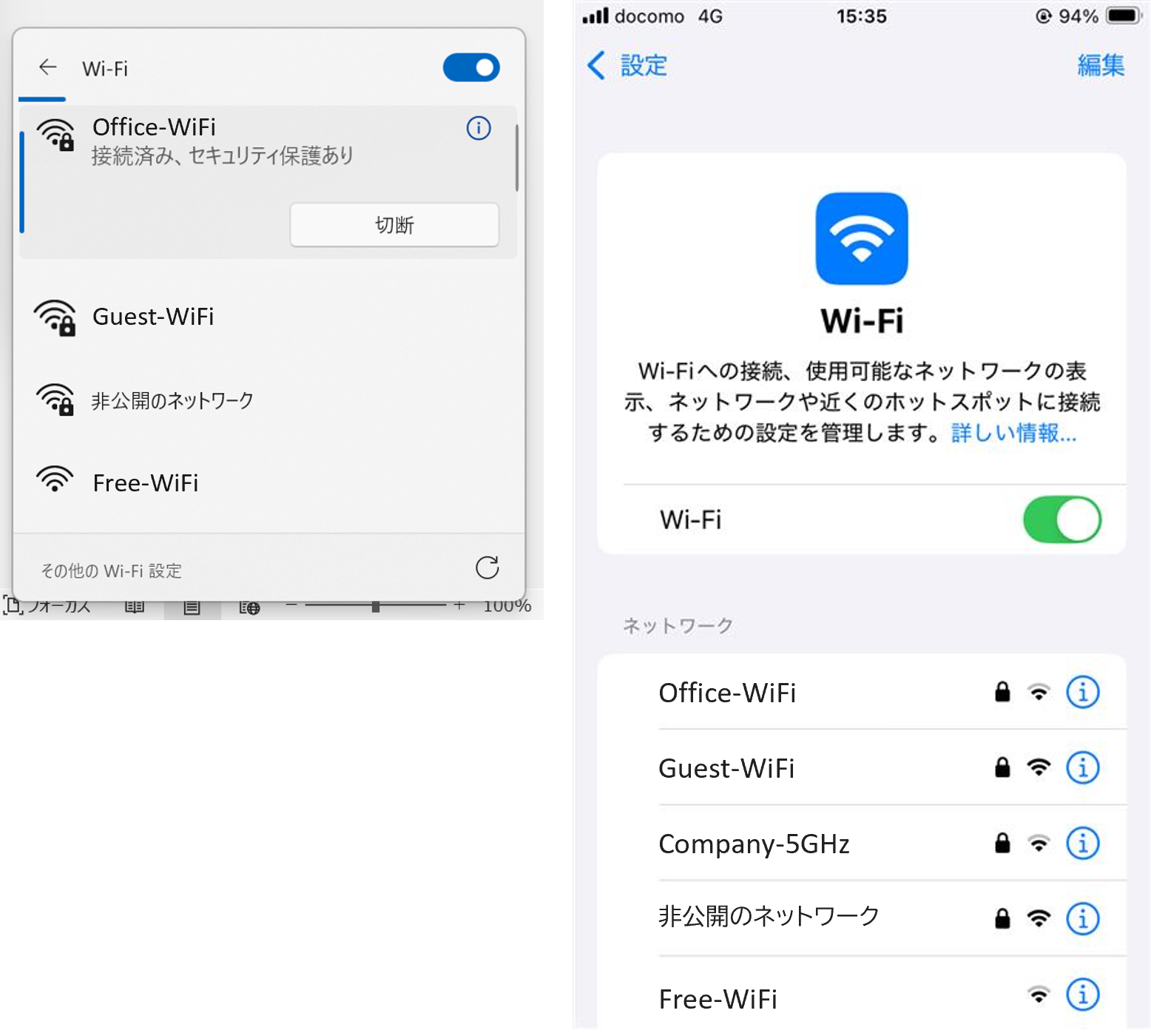 パソコン、スマートフォンのWi-Fi設定画面。SSIDが複数表示されている。